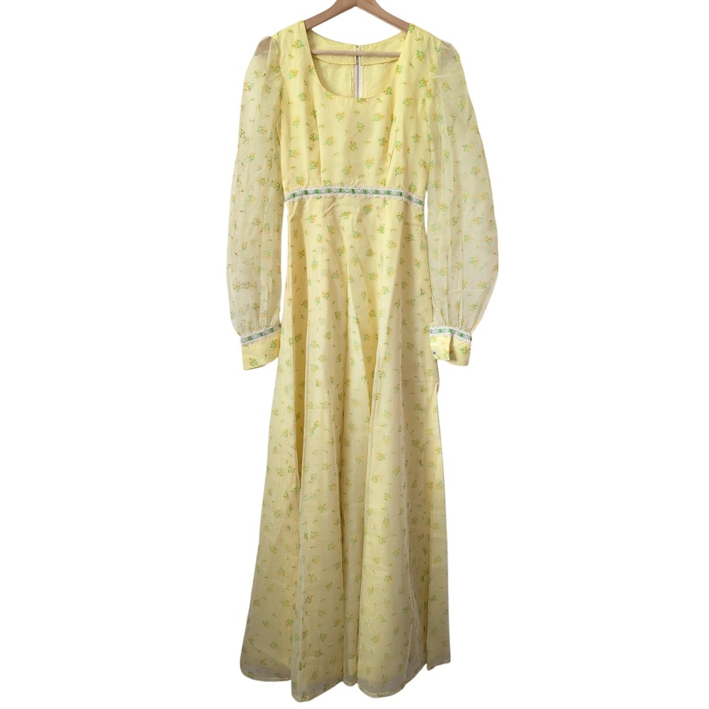 Vintage 70s Yellow Floral Maxi Dress Sheer Sleeve Empire Waist Lace Trim Cottage